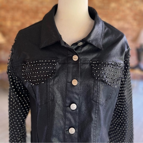Akira Ammo Rhinestone Jacket L Black Faux Leather Rocker Chic - Picture 3 of 16